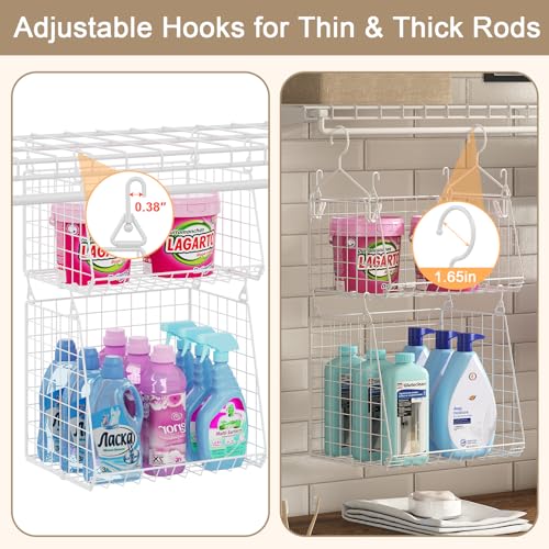 Sonyabecca 5-Tier Hanging Laundry Basket Organizer: Foldable Wire Shelf Basket with 4 Large Hooks 1.65" & 360°Rotating Hooks – Space-Saving Laundry Room Organization for Wardrobe Closet, White Patent - color: White, size: 5-Pack-11"D x 13.7"W x 60"H