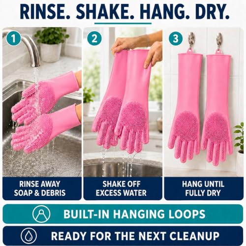 Silicone Dishwashing Gloves with Scrubber Bristles, Food-Grade Cleaning Mitts for Kitchen Dishes, Pet Grooming & Car Wash - color: Light Pink