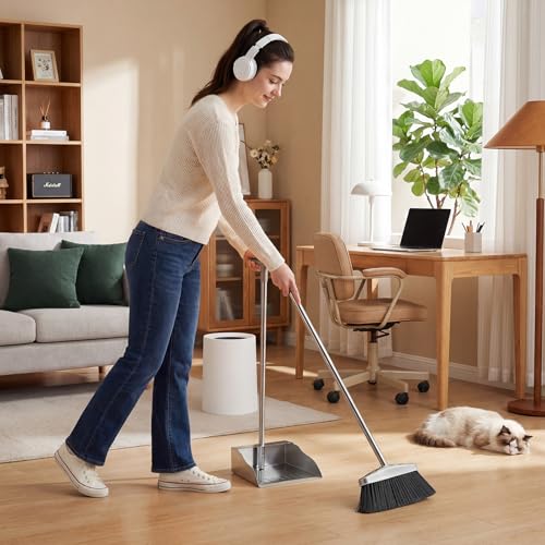 Dustpan with Broom Set,Long Handle Stainless Steel Dustpan and Broom Combo - size: Dustpan and broom 36*35 in