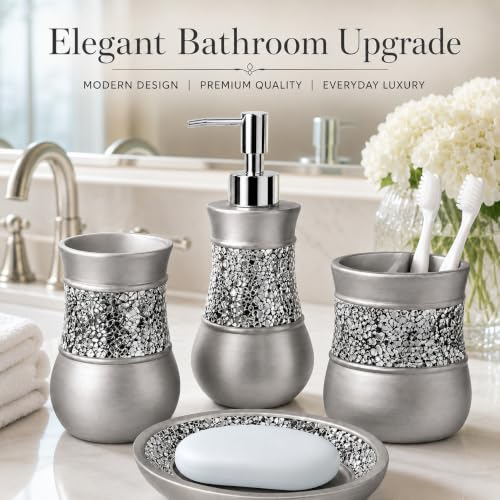 Creative Scents 4 Pc. Resin Bathroom Accessory Set | Silver Crackled Glass - style: 4 Pc Set