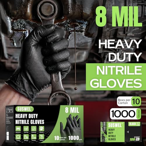 HEAVY DUTY 8 Mil Black Nitrile Gloves Disposable Latex Free Raised Diamond Textured Industrial Mechanic Gloves 1000PCs - size: X-Large
