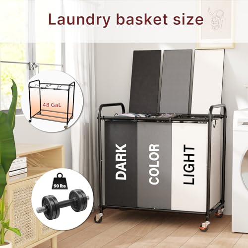180L Laundry Sorter 3 Section with Lockable Wheels and Lid Multicolor - color: Multicolor-3 Sec, size: 47.55Gal