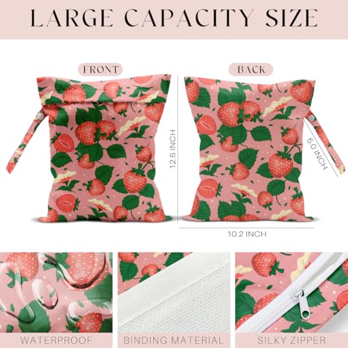 Wet Bag, Wet Dry Bag, Waterproof Swim Bags, Machine Washable Reusable Bags for Beach, Pool, Diapers, and Dirty Yoga Gym Clothes(Pink Background Strawberry and Green Leaf Printy - color: Vintage Pink Strawberry & Green Leaf