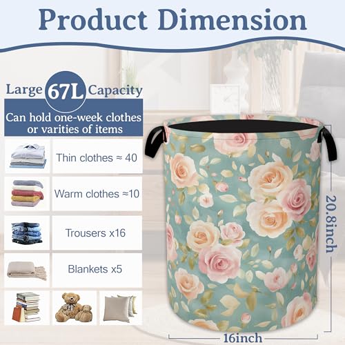 Vintage Pink Rose Laundry Basket,Foldable Waterproof Oxford Cloth Tote Bag Laundry Hamper with Handles,20.8"x16" Clothes Storage Bucket Organizer for Laundry Room, Bathroom, Bedroom - color: Vintage Pink Rose