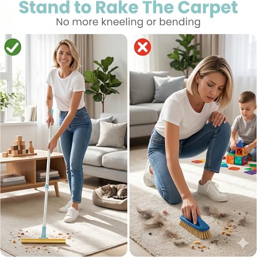 Pet Carpet Rake Hair Remover, Y-Type Reusable Hair Remover for Mats, Rugs, and Sofas; Cat & Dog Hair Removal Tool with 54 Inch Adjustable Long Handle - (Blue)