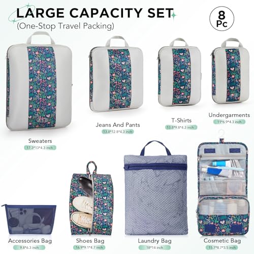 OlarHike 8 Set Compression Packing Cubes for Travel Essentials,Compressible Expandable Space Saver Bags for Organizing Clothes,Luggage Garment Bags with Over 1000 pcs Mesh Holes(Dark Blue Floral) - color: Dark Blue Floral
