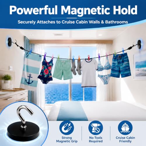 Magnetic Clothesline for Cruise Ship Cabin Approved, Strong Rubber Coated Non-Scratch Magnets, Travel Clothesline for Cruise Ship Essentials 2025