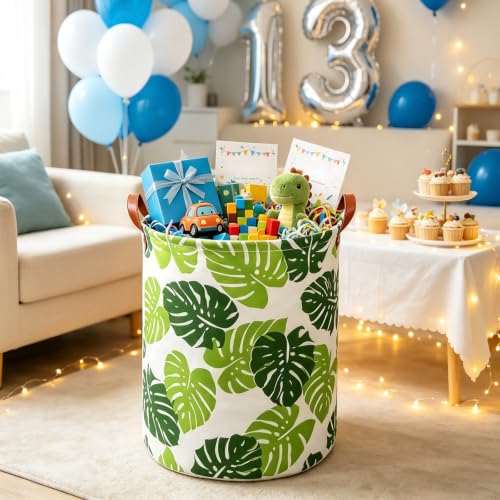 Round Fabric Collapsible Storage Basket with Handles, Round Leaf - color: Round Leaf
