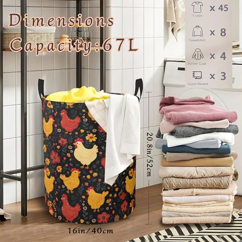 Cute Roosters Laundry Hamper,Chicken Flower Collapsible Laundry Basket with Handles Waterproof Storage Bin for Clothes Books Organizer Basket for Bedroom Bathroom Dormitories 16" x 20.8" - color: Cute Roosters Chicken Flower