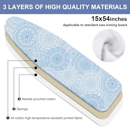 Blue Ironing Board Cover and Pad 15x54 Inch, 100% Cotton Surface Heavy Duty Iron Cover, Standard Size Ironing Board Covers, with Elastic Edge & 2 Hook & Loop Fastener Straps for Easy Installation - color: Blue02