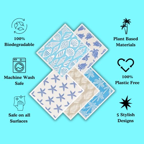 Palm & Peace Swedish Dishcloths for Kitchen - 5 Pack - Reusable Paper Towels - Super Absorbent, Non-Scratch, Washable, Sustainable, 100% Compostable Cleaning Cloths (Sea Breeze) - color: Sea Breeze