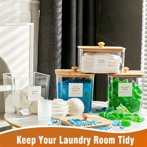 Laundry Room Organization Container, 4pcs Acrylic Laundry Pod Storage Containers, Dryer Sheet Holder Jars with Bamboo Lids and Labels for Scent Booster Powder Detergent Pods Storage - color: A- 3+1 Pack Containers