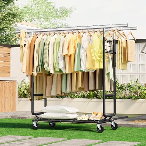 Gewudraw Clothes Rack Heavy Duty Load 900 Lbs With Wheels, Double Rod,Black - color: Black, style: Double Rod