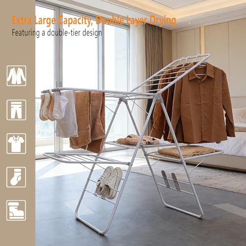 Clothes Drying Rack, Foldable 2-Level Laundry Racks for Drying Clothes Rack,Stainless Steel Drying Rack Clothing Collapsible for Indoor Outdoor,with Height-Adjustable Wings,Gray - size: 2-Level