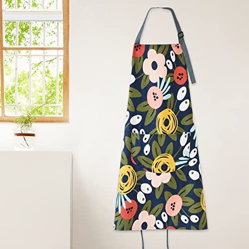 2 Pack Floral Apron for Women with Pockets, Adjustable Cotton Chef Aprons for Kitchen, Cooking, BBQ & Grill - color: Blue/Flowers