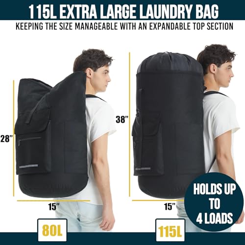Laundry Bag Extra Large 115L, Laundry Backpack Bag, Laundry Bags Extra Large Heavy Duty, Laundry Bag with Straps, Clothes Hamper Bags with 4 Pockets, College Laundromat Backpack for Dorm Room - color: 115L-Black
