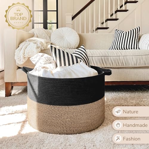 INDRESSME XXXLarge Woven Rope Blanket Basket Living Room Mix Black, 90L - color: Black & Mix Camel, size: 21.7"D x 13.8"H