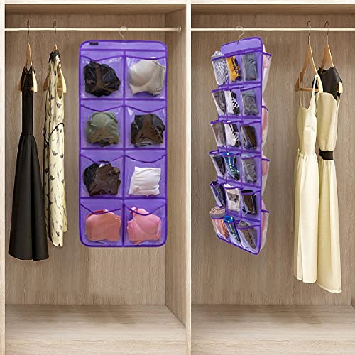 Dual-Sided Hanging Closet Organizer for Socks Underwear Bra Kids Storage Organizer for Baby Clothes Toddler Shoes with 26 Pockets (Purple-Clear Pockets) - color: PURPLE