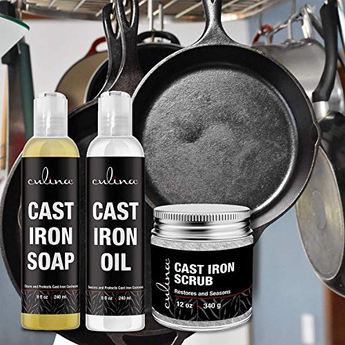 Culina Supreme Cast Iron Care Set: Restoring Scrub, Cleaning Soap & Conditioning Oil | Best for Cleaning Care, Washing & Restoring | 100% Plant-Based | for Cast Iron Cookware, Skillets, Pans & Grills!