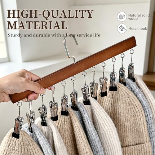 2 Pack Wooden Pants Hangers with 12 Clips, Space Saving Hanging Closet Organizer, Multi-Purpose Hanger for Leggings, Socks, Underwear, Bras, Towels, Closet Storage Solution (Retro) - color: Retro