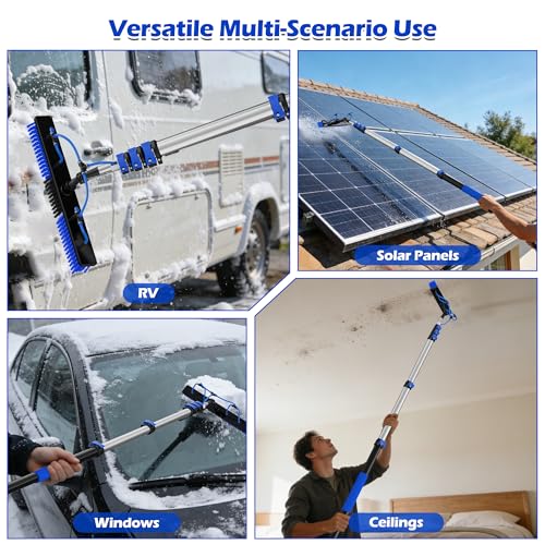 5-20FT Solar Panel Cleaning Brush Kit - Telescopic Pole with Dual Action Flip-Lock & Screw Fixing, Water Flow & Soap Dispenser, Ideal for Snow Removal, Windows, Boats, RVs, Decks