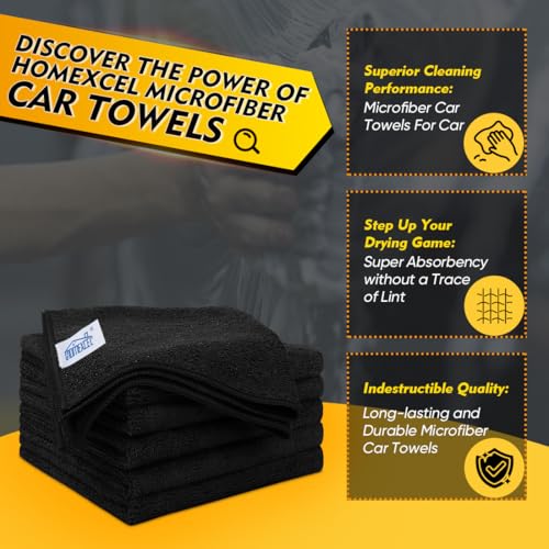 HOMEXCEL Black Microfiber Cleaning Cloth 6 Pack, 12.5 x 12.5 inch Microfiber Towels for Cars, Ultra Absorbent Car Washing Cloth, Lint Free Streak Free Cleaning Rags for Car, Kitchen, and Window - color: Black, size: 12.5 x 12.5 Inch