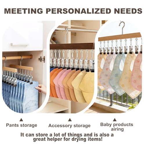Wooden Rotating Pants Hanger, Closet Organizer with 12 Clips, Space Saving Hanging Clothes Legging Wardrobe Organizer for Jeans, Hats, Shorts, Socks (Brown+Nature, 2Pack)