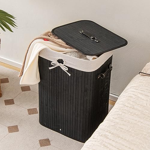 Giantex Bamboo Laundry Hamper with Lid Removable Liner & Handles - color: Black
