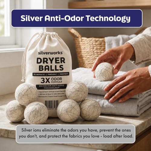 SilverWorks! Wool Dryer Balls Laundry Reusable - Odor Eliminating Dryer Laundry Balls with Silver Technology - Natural Fabric Softener and Static Reducer, Reduce Drying Time and Energy Costs - 6 Pack - color: White, size: 6 Count