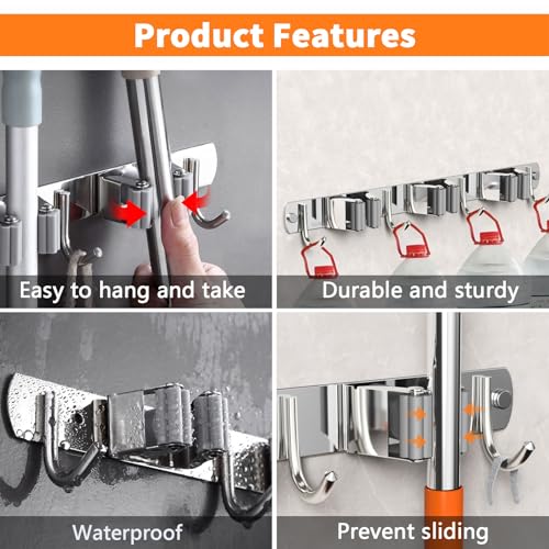 CUXIXA Broom and Mop Organizer Wall Hanging, Upgraded Mop and Broom Holder Wall Mount, Stainless Steel Broom Hanger Wall Mount for Laundry Room Organization and Storage(5 Racks with 4 Hooks) - color: Silver, size: 5 Racks with 4 Hooks