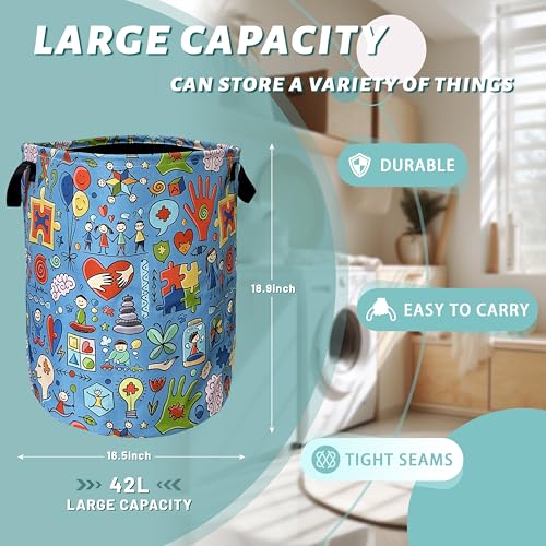 Autism Awareness Laundry Basket Oxford Cloth Foldable Hamper 18.9x16.5In - color: Funny Autism Doodles