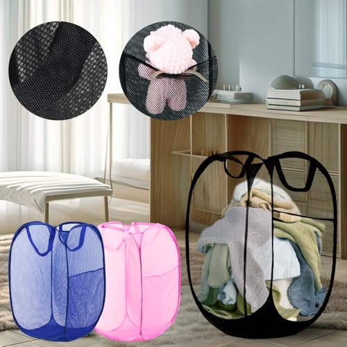 Pop Up Laundry Hamper, Mesh Laundry Basket Collapsible, Foldable Hamper for Travel and Storage, 3 Pack (Black+Pink+Blue) - color: 3P Black+Pink+Blue