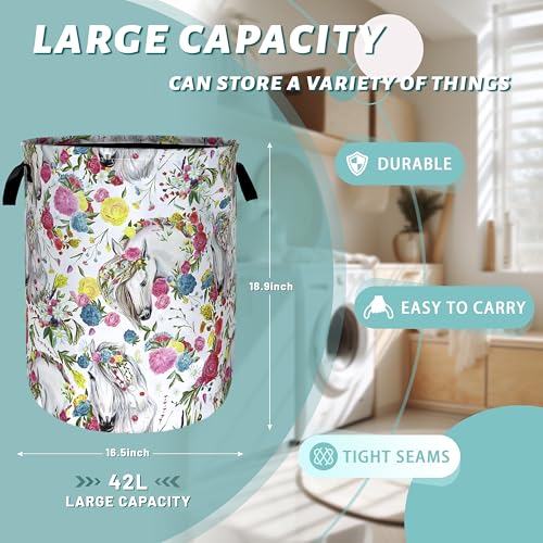 Beautifull Horse Laundry Basket Oxford Cloth Hamper 18.9x16.5 Inch - color: Beautiful Horse with Colorful Floral