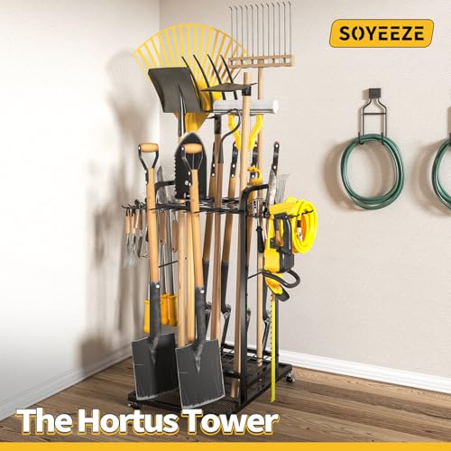 SOYEEZE Garden Tool Organizer with Lockable Wheels, Heavy Duty 3-Tier Yard Tower Tool Rack for Garage, Holds Up to 35 Long-Handled Tools, Garden Tool Cart with 12 Hooks for Tool Organization Storage