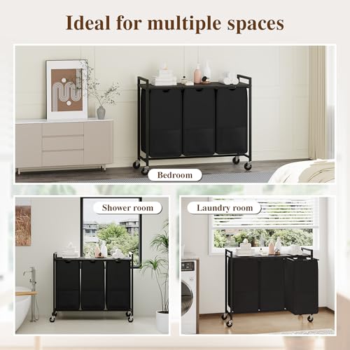 Laundry Sorter with Wheels, 3 Section, Grey Black - size: 3 Bags-120L / Gray + Black / w Wheels