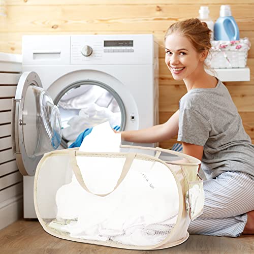 Durable Collapsible Laundry Baskets, Mesh Pop Up Laundry Hamper with Side Pocket, Foldable Clothes Storage Hamper with Reinforced Carry Handles for Laundry, Bathroom, Kids Room, Dorm or Travel Beige - color: 1 x Beige