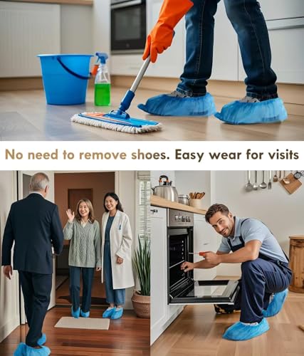 Disposable Shoe Covers 100 Pack (50 Pairs) | Non-Slip, Durable Non-Woven Fabric Boot Covers for Indoors, X-Large Recyclable Shoe Protectors, Stretchable Fits Up to Size 13 US Men & Work Boots - size: Blue Set of 100(XL)