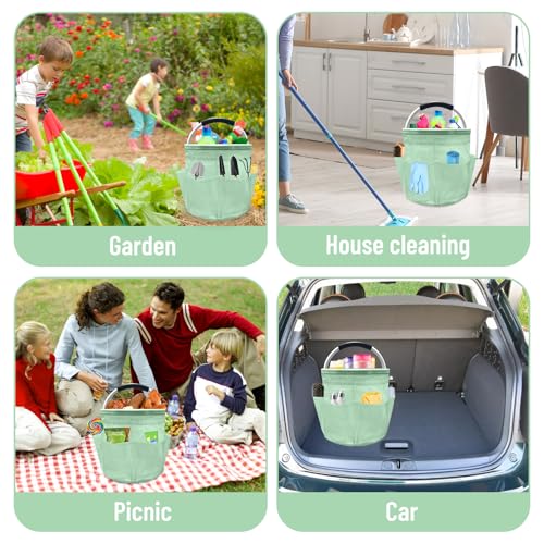 17L Cleaning Caddy with Handle, Foldable Cleaning Supply Caddy with 6 Pockets Cleaning Caddy Bag for Outdoor Camping Garden Harvest Basket Bathroom Storage (Clear Green) - color: Clear Green
