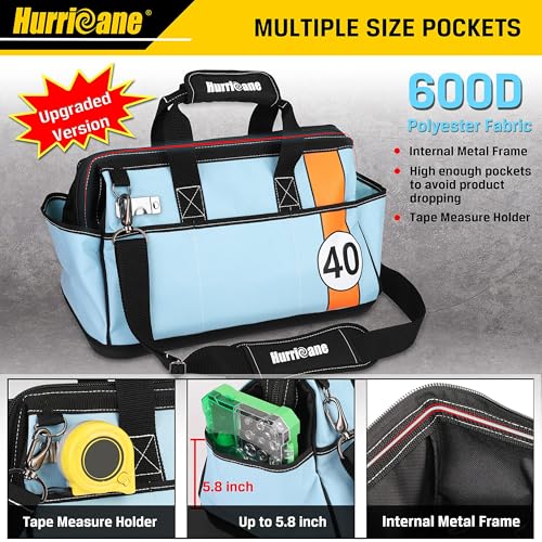HURRICANE 16 inch Wide Mouth Tool Bag with Water Proof Molded Base with Extra Shoulder Strap, Racing theme-Blue, Multi Pockets, Large Inner Space - color: Racing theme-BLUE