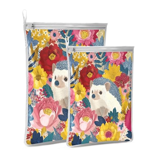 Mesh Laundry Bags Lingerie Bags for Washing Delicates 2 PCS Durable Wash Bag with Zipper Small and Medium Washable Garden Flowers Hedgehogs Colorful - color: Garden Flowers Hedgehogs Colorful