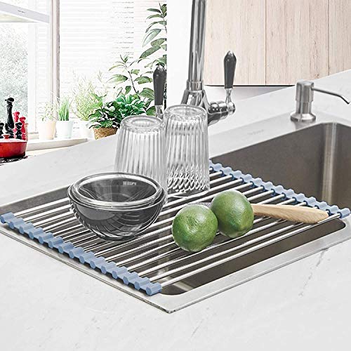 Seropy Roll Up Dish Drying Rack, Over the Sink Dish Drying Rack Kitchen Rolling Dish Drainer, Foldable Sink Rack Mat Stainless Steel Wire Dish Drying Rack for Kitchen Sink Counter Storage 17.5x11.8 - color: Gray, size: 17.5 x 11.8 in