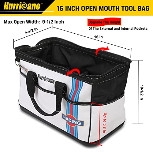 HURRICANE 16 inch Wide Mouth Tool Bag with Water Proof Molded Base with Extra Shoulder Strap, Upgrade Version, Racing theme-White, Multi Pockets, Large Inner Space - color: Racing theme-WHITE