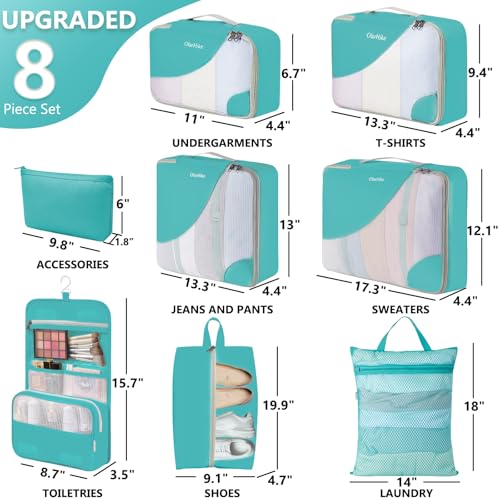 OlarHike Packing Cubes for Travel,Gifts for Women Mom,Anti-Tearing Suitcase Organizer for Luggage with Shoe & Hanging Toiletry Bag,Vacation Essentials & Accessories for Cruise Ship,8 Set,Turquoise - color: 16 Turquoise