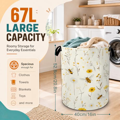 Bee Flower Laundry Basket,Boho Foldable Oxford Laundry Hamper with Handles, Collapsible Clothes Storage Basket for Bedroom, Bathroom, or Laundry Room, 20.8 x 16 Inches - color: Bee Flower Boho