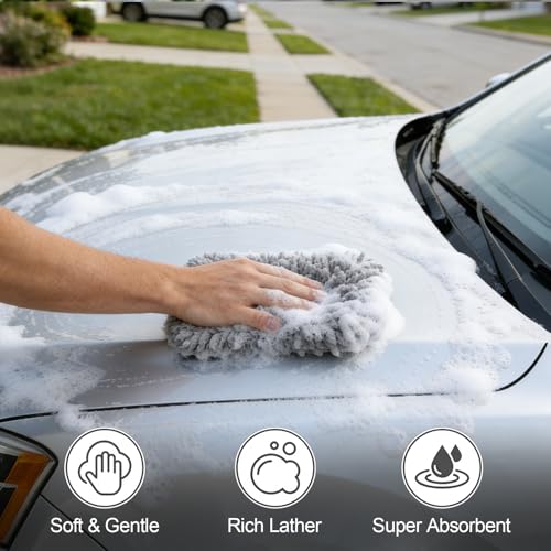 RAINFLOW Microfiber Car Wash Pads 2 Pack - Chenille Cleaning Cloths for Car