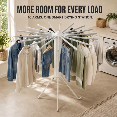 Clothes Drying Rack Foldable, Portable Laundry Drying Rack for Clothes with 16 Aluminum Rods & 48 Windproof Slots, Collapsible Tripod Dry Rack for Apartment, RV, Balcony - style: Aluminum RODS & Aluminum Legs