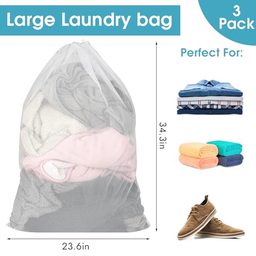 3 Pack Mesh Laundry Bags 23x34 Inch Drawstring Locking for Travel Home