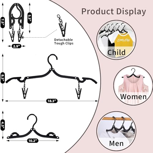 12pcs Black Travel Hangers with 24pcs Clips Foldable for Suitcase, Portable Folding Clothes Hangers, Cruise Ship Essentials Drying Rack for Portable Travel Accessories - size: 12pcs Black With Clips