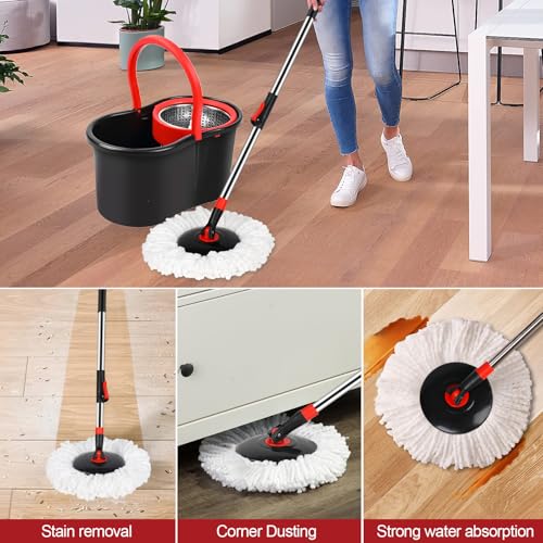 Spin Mop and Bucket with Wringer Set, 1 Microfiber Refill Included, 50 Inch Extended Handle, Floor Cleaning