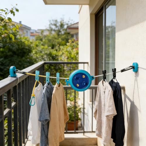 Blue 32.8FT Retractable Clothesline,Portable Travel Washing Line,Windproof Non Slip Camping Laundry Line for Indoor Outdoor RV Travel Camping